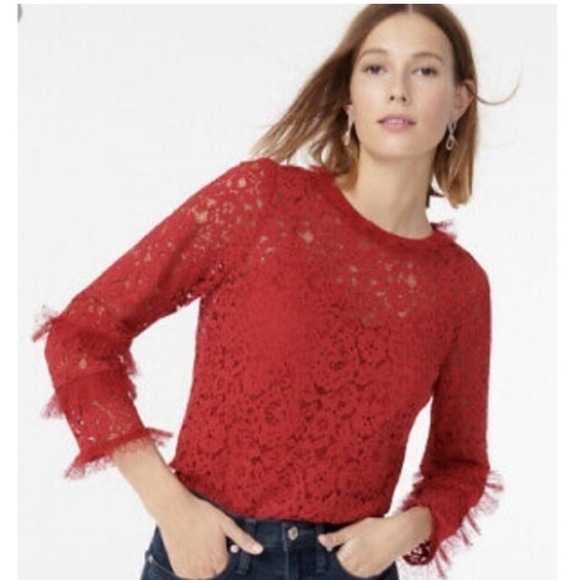 J. Crew Red Lace Top with Tulle Ruffle 2X $128 - Picture 1 of 10